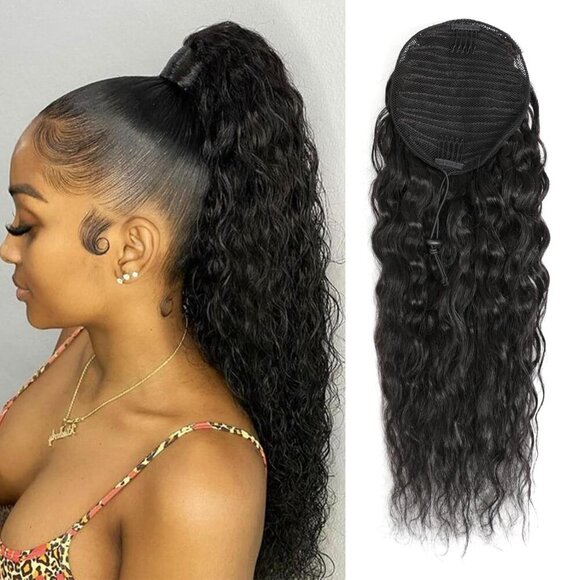 Human Hair Drawstring Ponytail Water Wave 14 Inch Natural Black Extensions